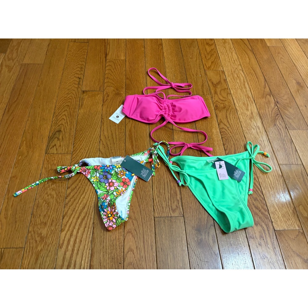 Shade & Shore Pink Bandeau Top & Wild Fable Floral Green Bikini Bottoms Set NWT
